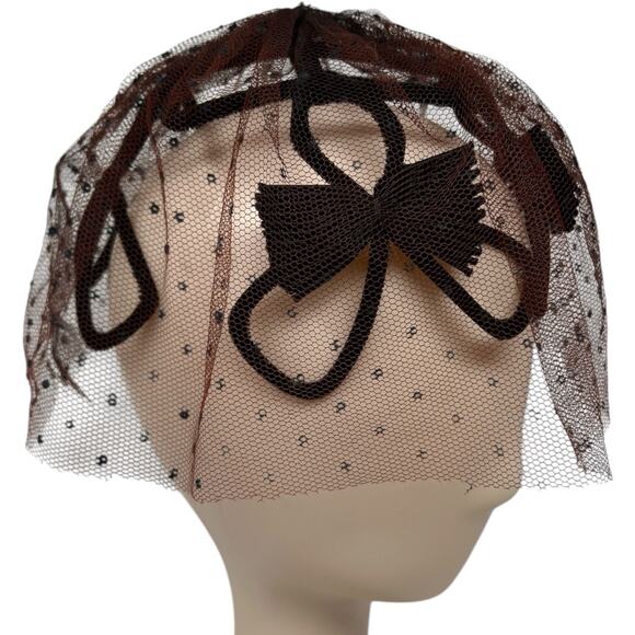 Vintage 1950s Veiled Black Cocktail Hat Fascinator Brown Net Bow Millinery main image 2